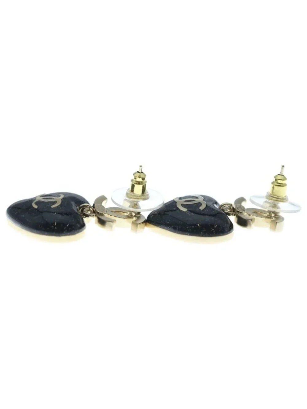Chanel CC Logo Heart Rhinestone Earrings Gold Black